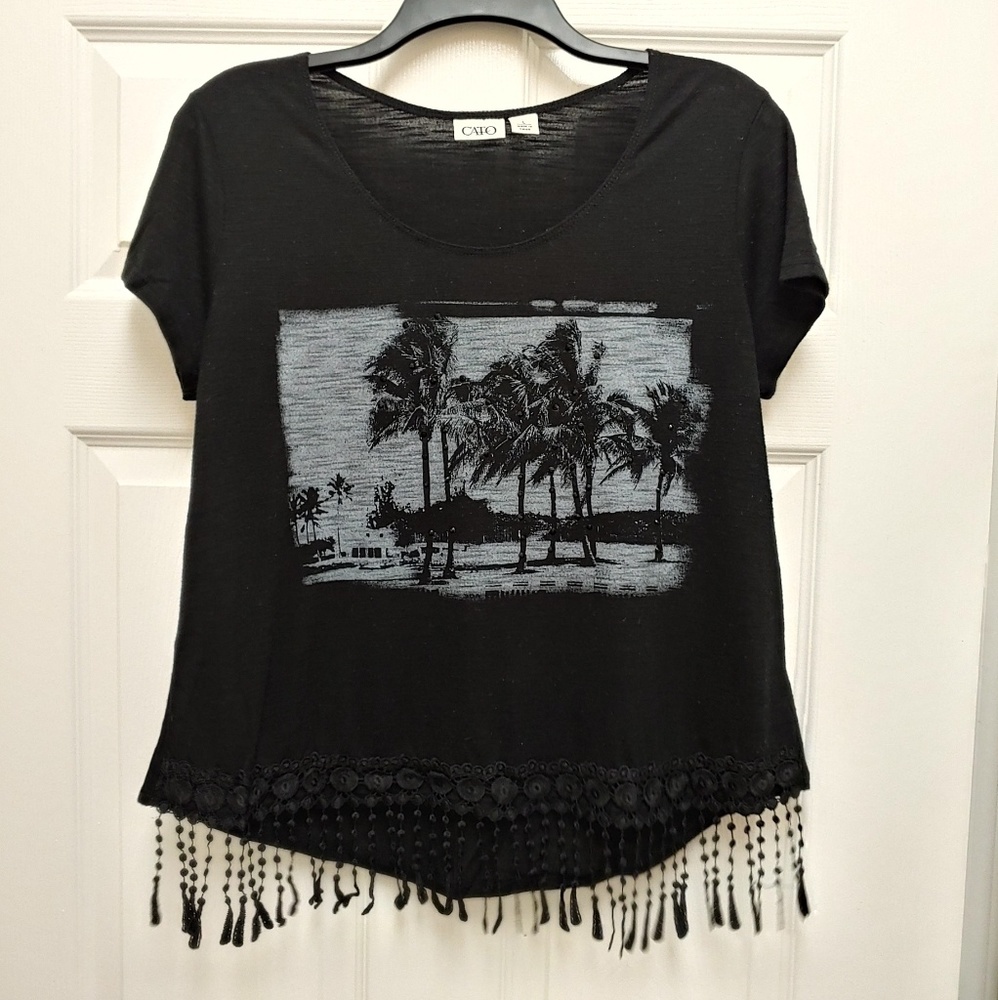 Black Graphic Shirt with Fringe